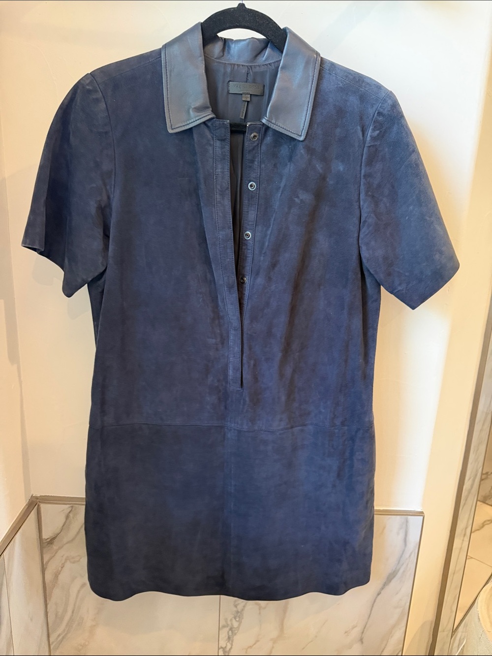 rag & bone Navy Suede Short-Sleeve Shift Dress with Leather Collar
